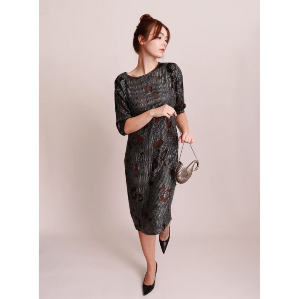 Vtg 80s Ann Tjian for Kenar Silk Sequin Leopard Print Shift Dress Black Gunmetal